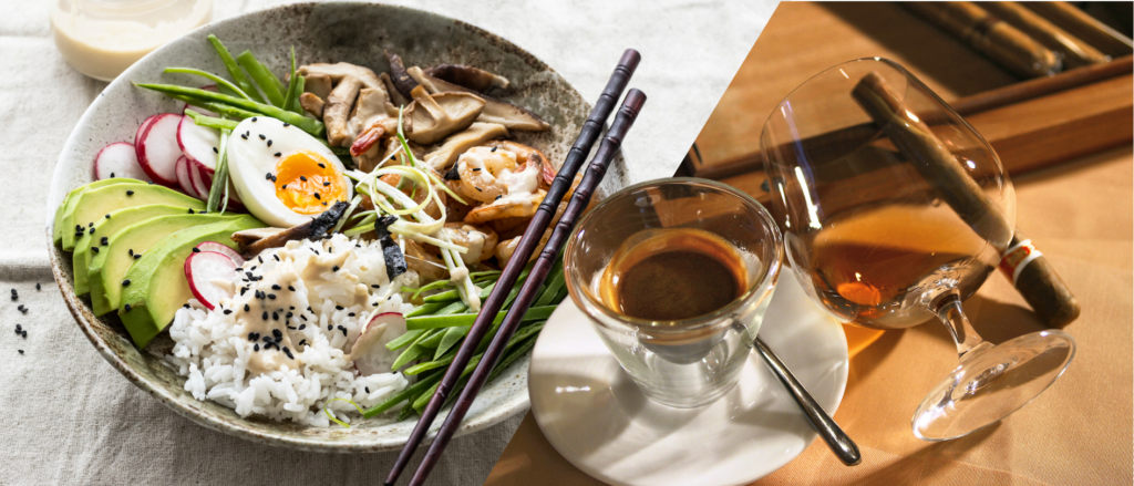 Spliced photo of a healthy bowl of rice on the left and a cup of coffee on the right