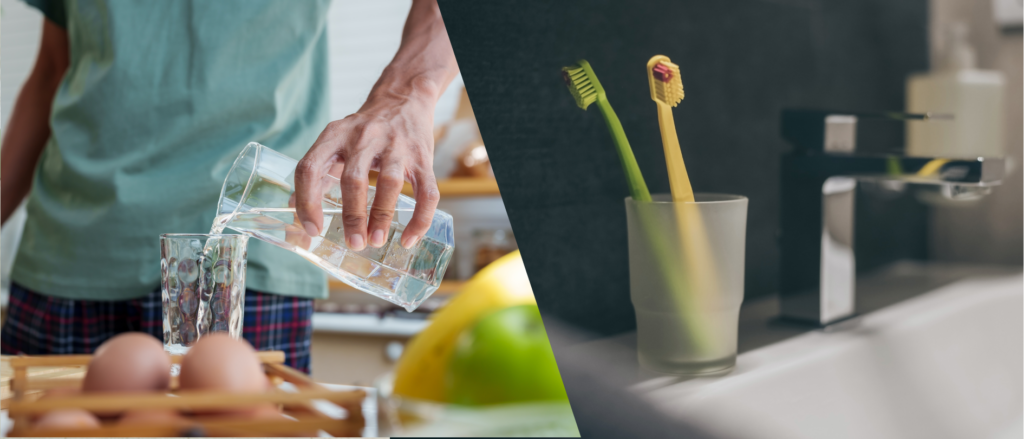 Spliced photo of someone pouring water into a cup and toothbrushes on the sink